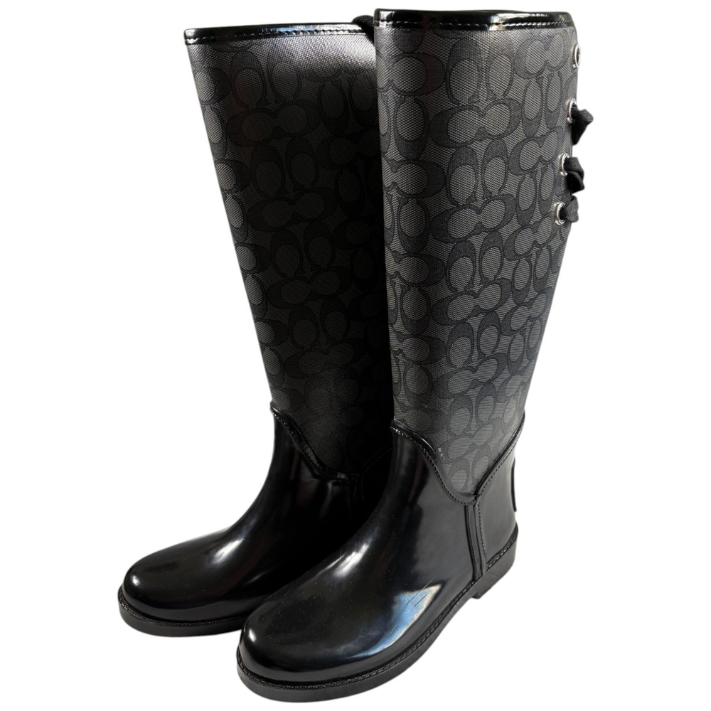 Coach Tristee Rain Boots Womens 6B Black Grey Signature Monogram Premium Durable